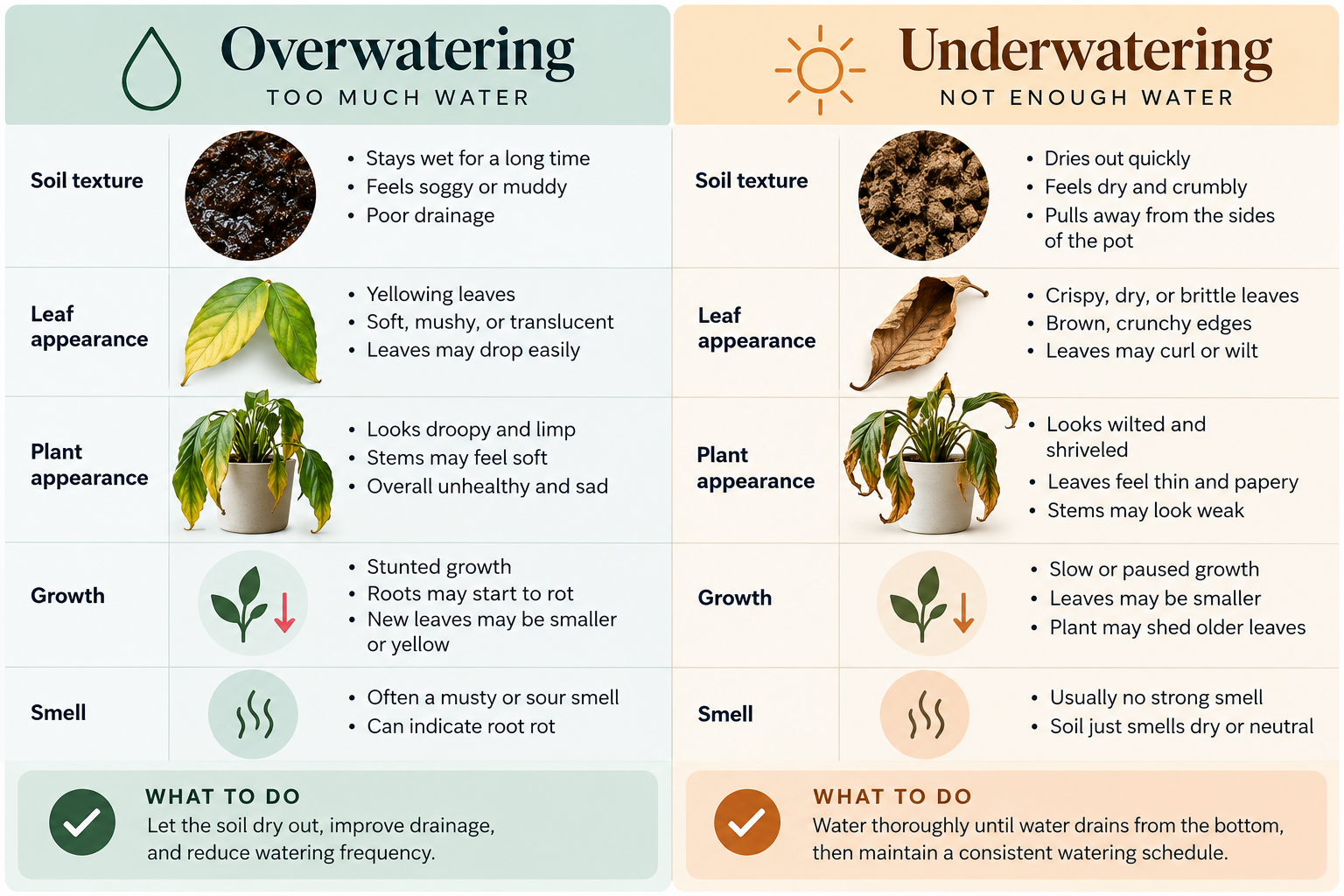 Comparison of overwatering and underwatering symptoms