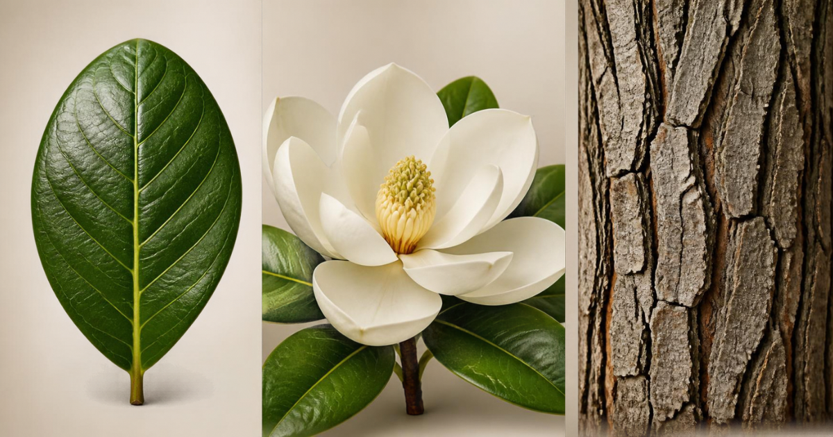 Three-panel image of a glossy green leaf, a white flower, and rough gray-brown tree bark