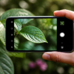Hand holding a smartphone to photograph a green leaf on a plant