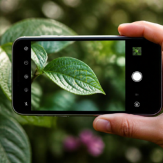 Hand holding a smartphone to photograph a green leaf on a plant