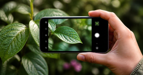 Hand holding a smartphone to photograph a green leaf on a plant