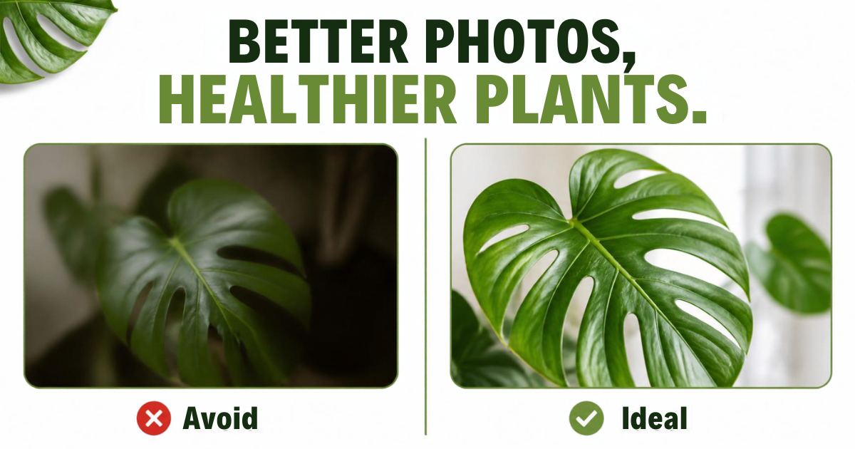 Side-by-side comparison of a blurry, dark leaf photo marked Avoid and a sharp, bright leaf photo marked Ideal