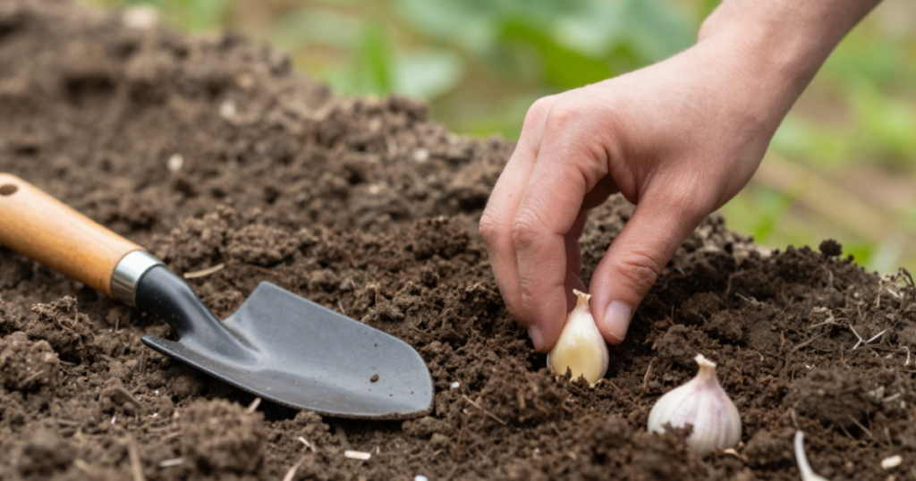 Hand planting an individual garlic clove into dark garden soil beside a trowel