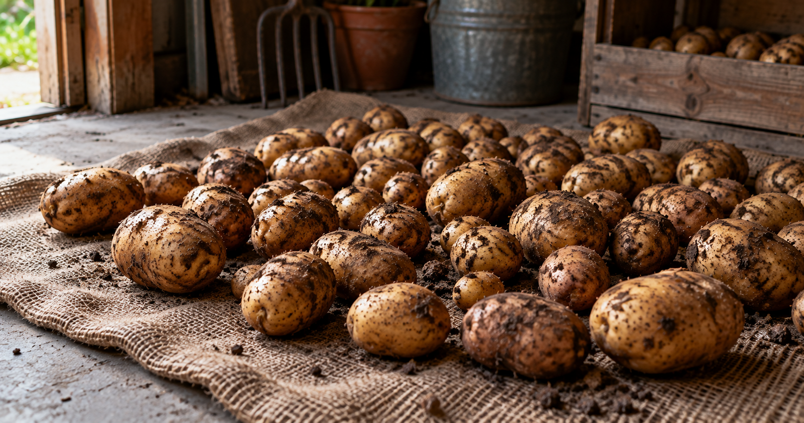 Rows of dirt-covered potatoes drying on burlap in a barn
