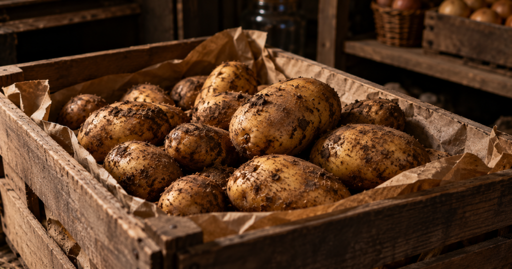 Freshly dug potatoes with dirt still on them in a wooden crate