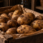 Freshly dug potatoes with dirt still on them in a wooden crate