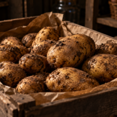 Freshly dug potatoes with dirt still on them in a wooden crate