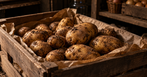 Freshly dug potatoes with dirt still on them in a wooden crate