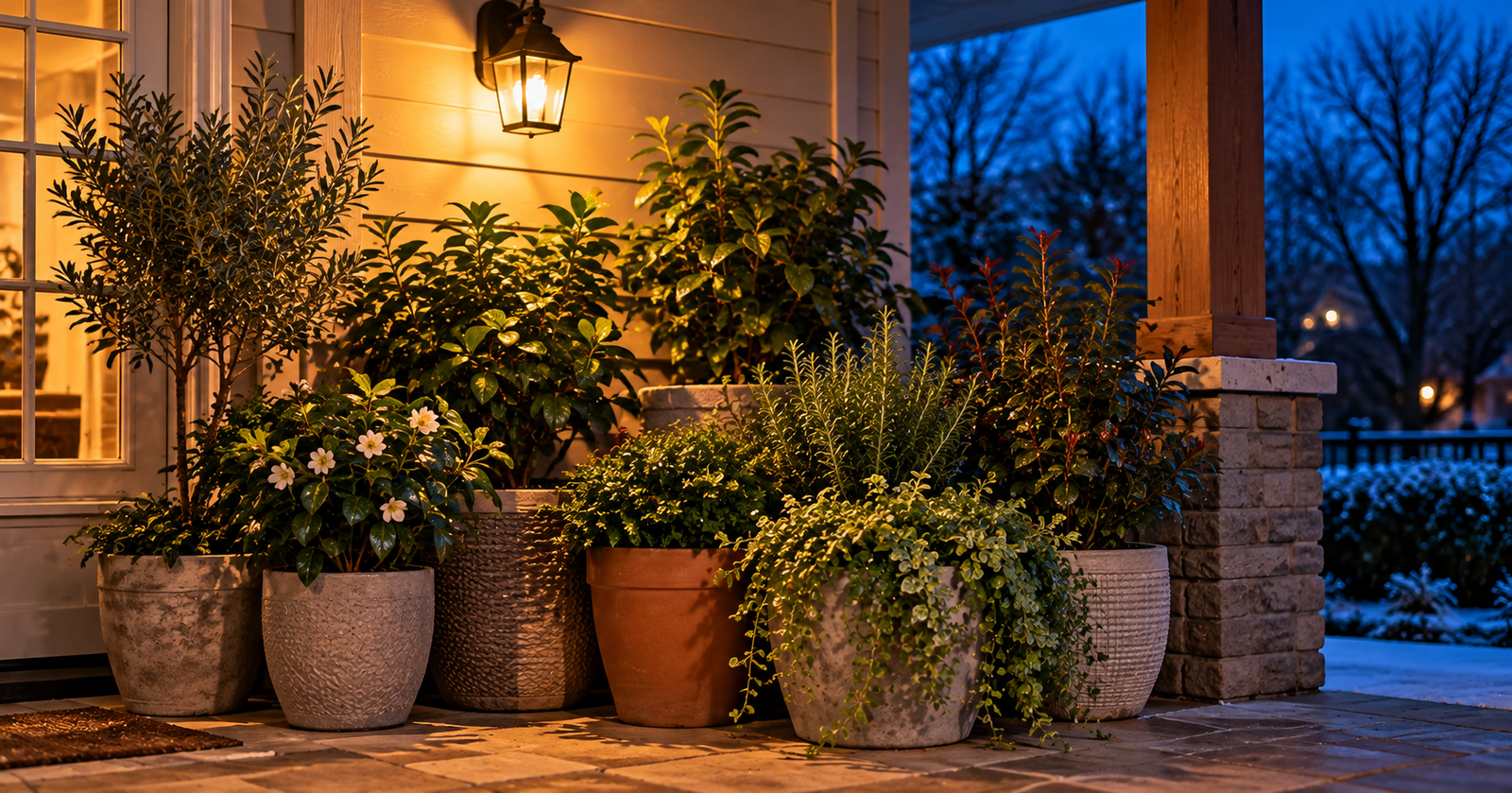 Potted shrubs and flowering plants grouped closely together on a porch at night