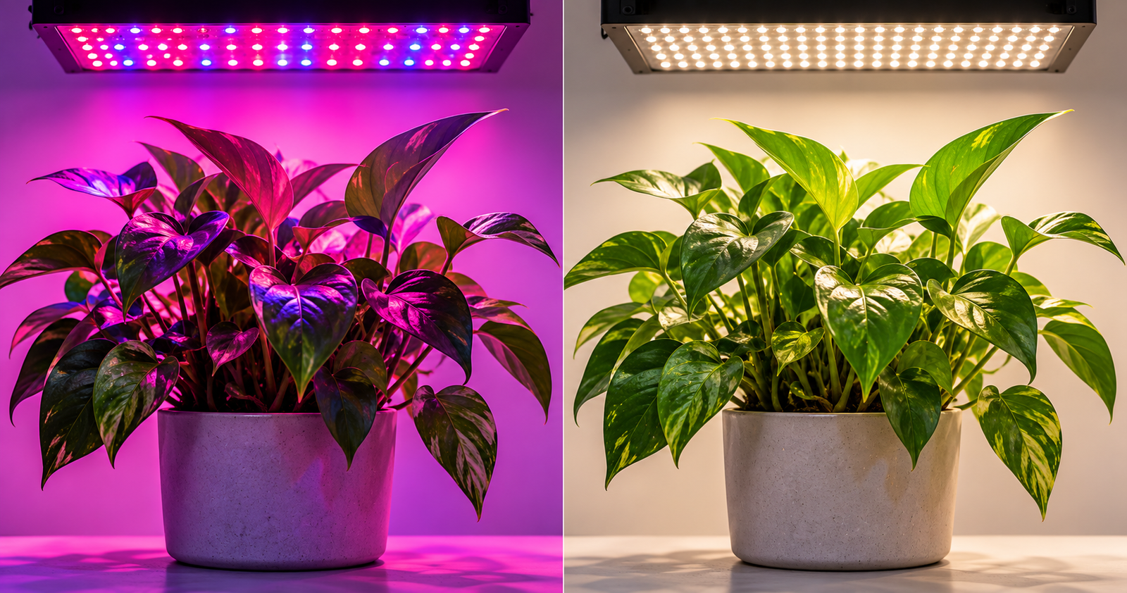 Side-by-side pothos plant under pink-purple grow light and neutral white grow light