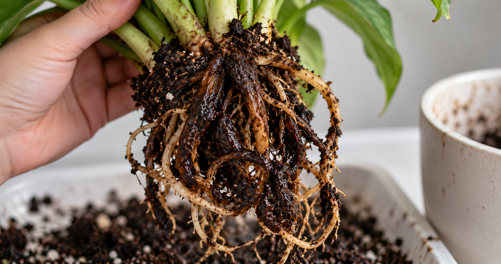 Blackened, mushy root rot on a plant removed from its pot