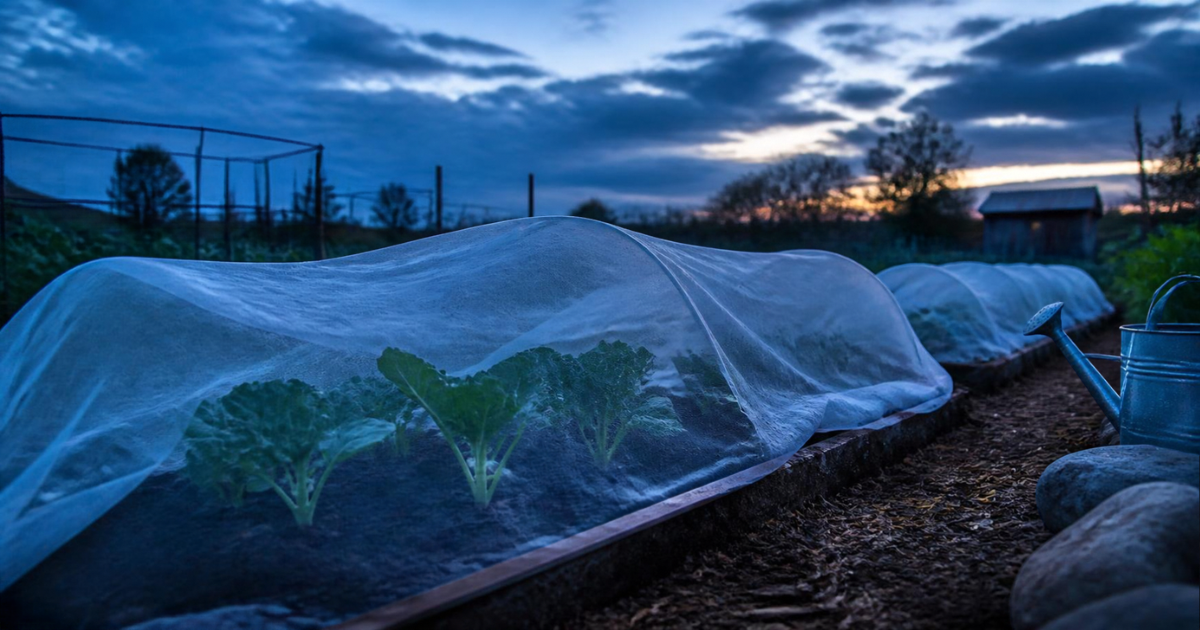 Garden bed with young plants protected under a translucent row cover at dusk
