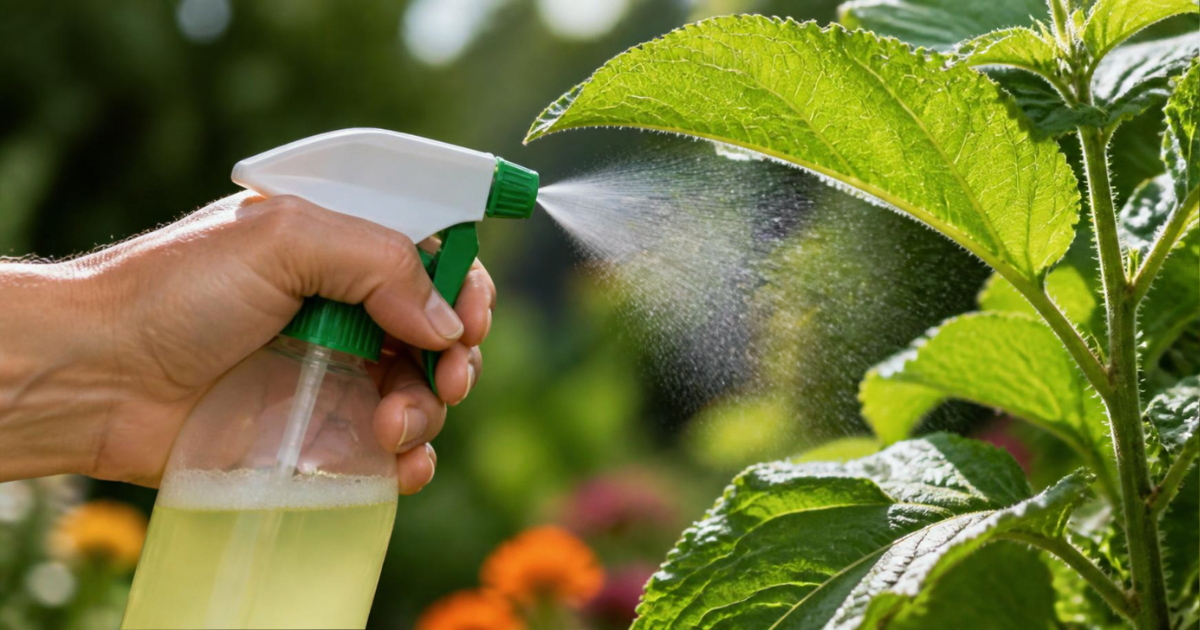 Hand misting green plant leaves with a spray bottle