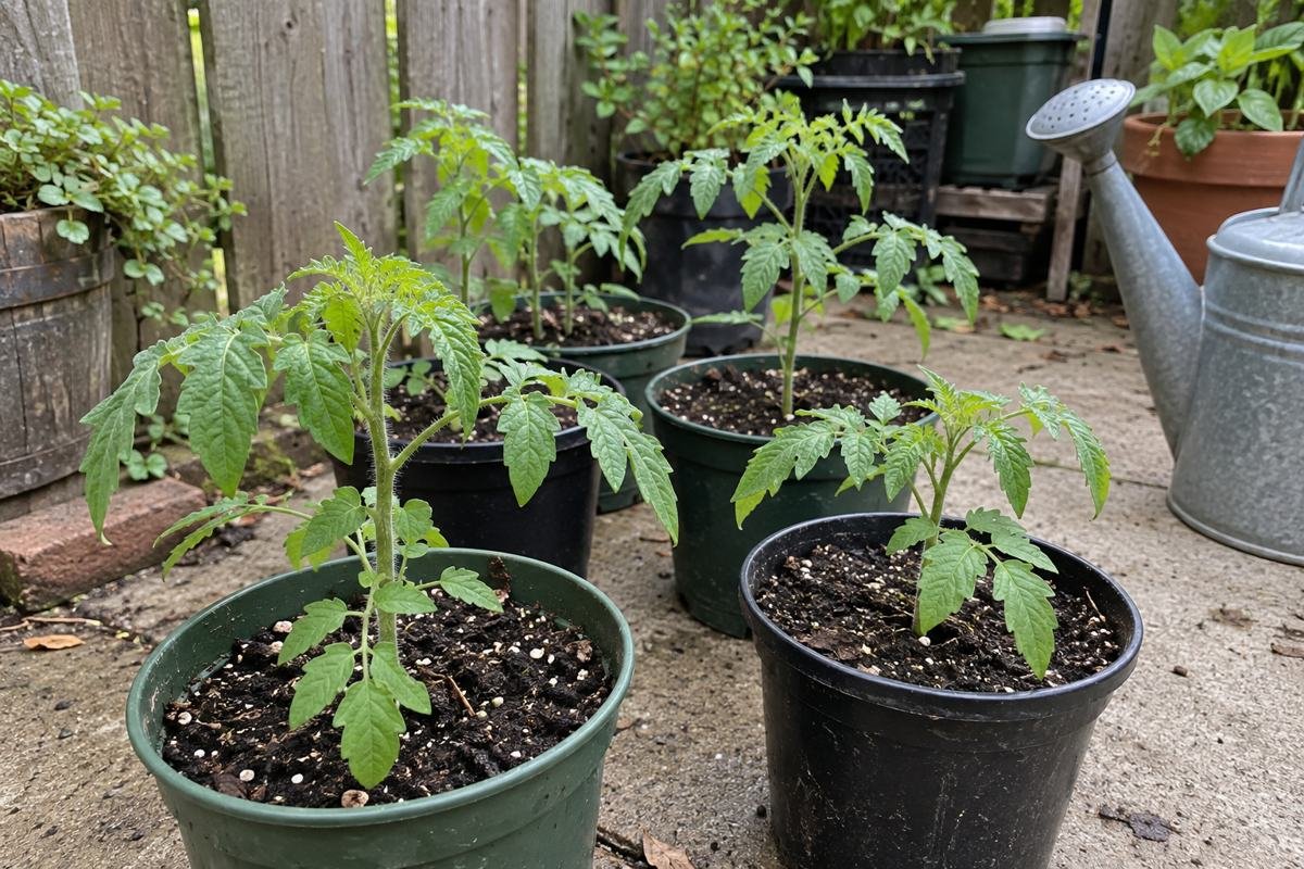 Potted young tomato plants acclimating outdoors on a shaded backyard patio