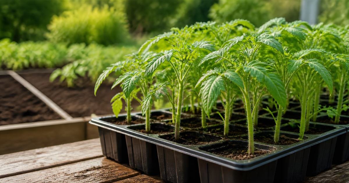 Young tomato seedlings growing in a plastic cell tray on a wooden table