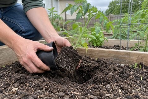 Gardener removing a young tomato plant from its nursery pot beside a raised garden bed