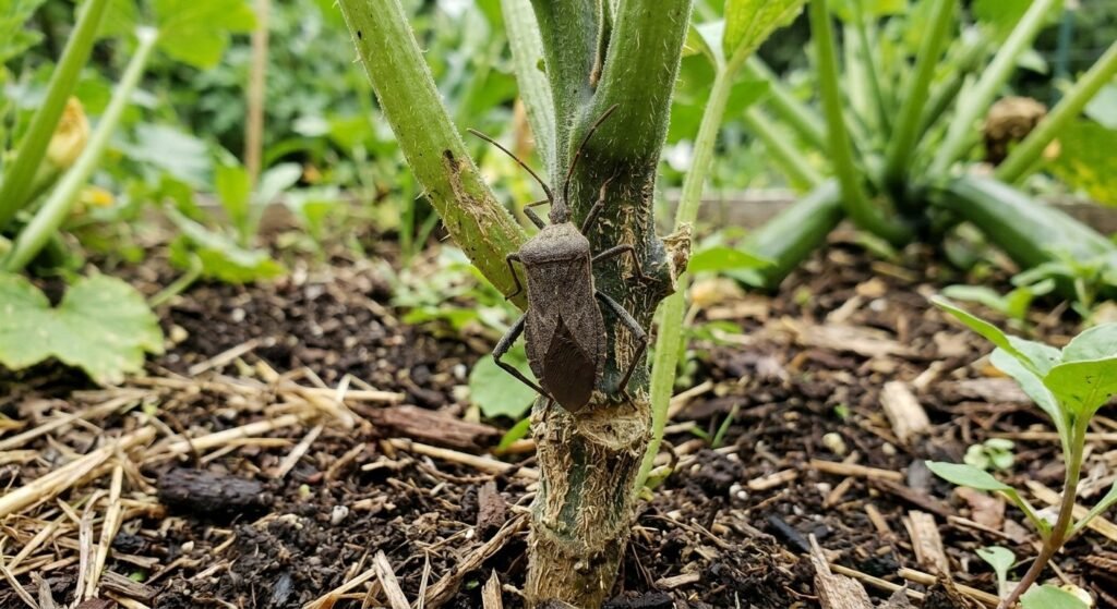 A grayish-brown adult squash bug resting on a green plant stem.