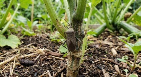 A grayish-brown adult squash bug resting on a green plant stem.