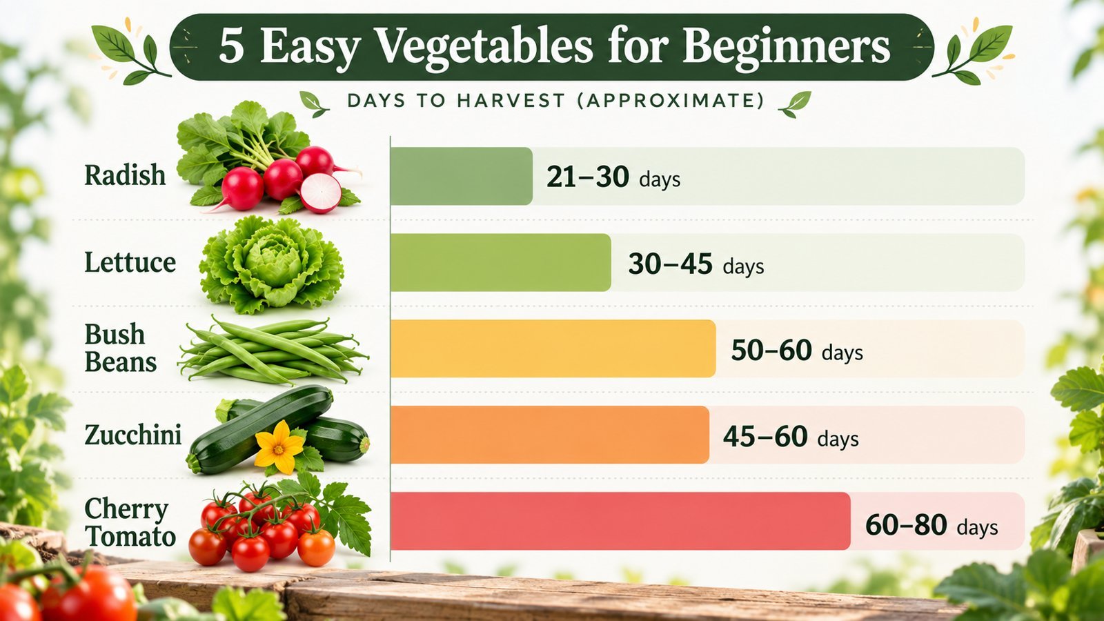 Infographic comparing harvest times for radish, lettuce, bush beans, zucchini, and cherry tomatoes.