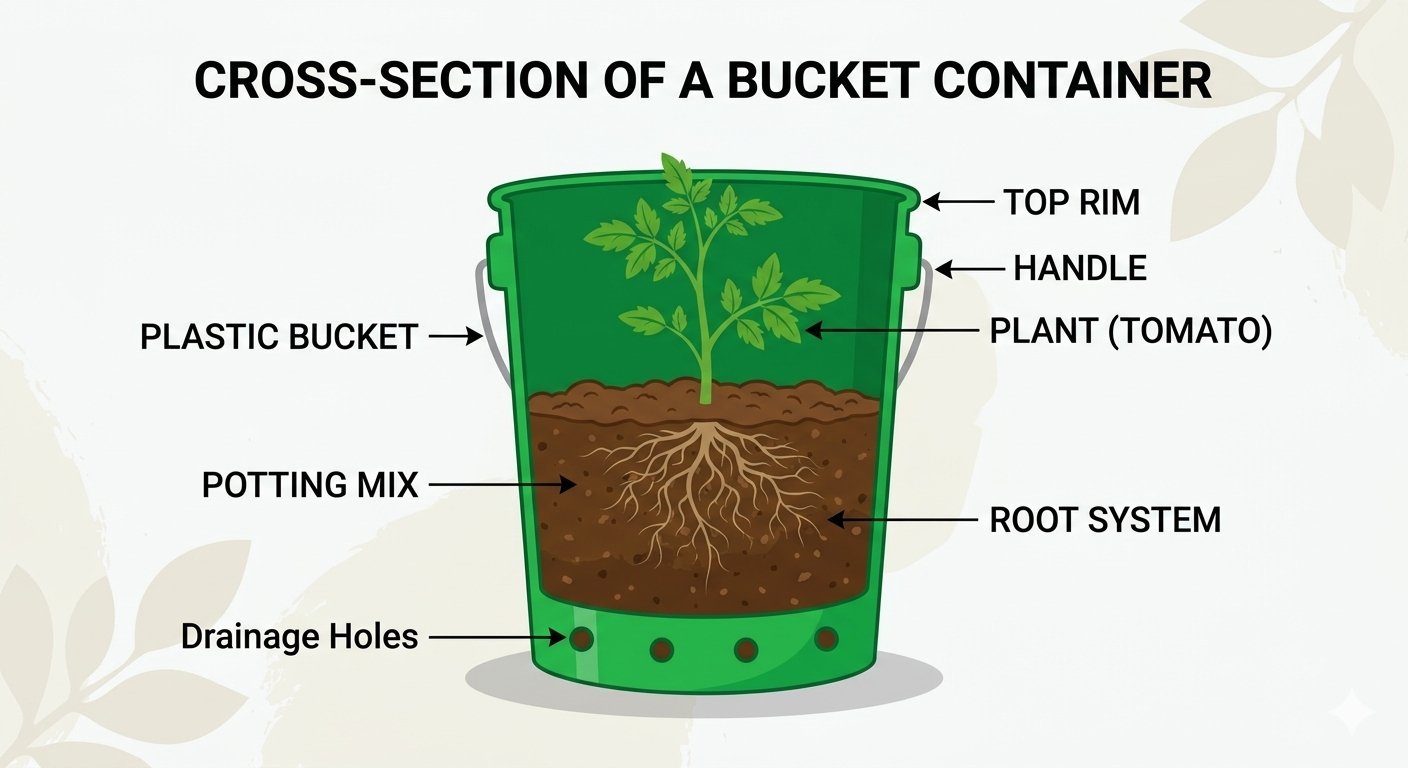Labeled cross-section of a green bucket showing a tomato plant, roots, potting mix, and drainage holes