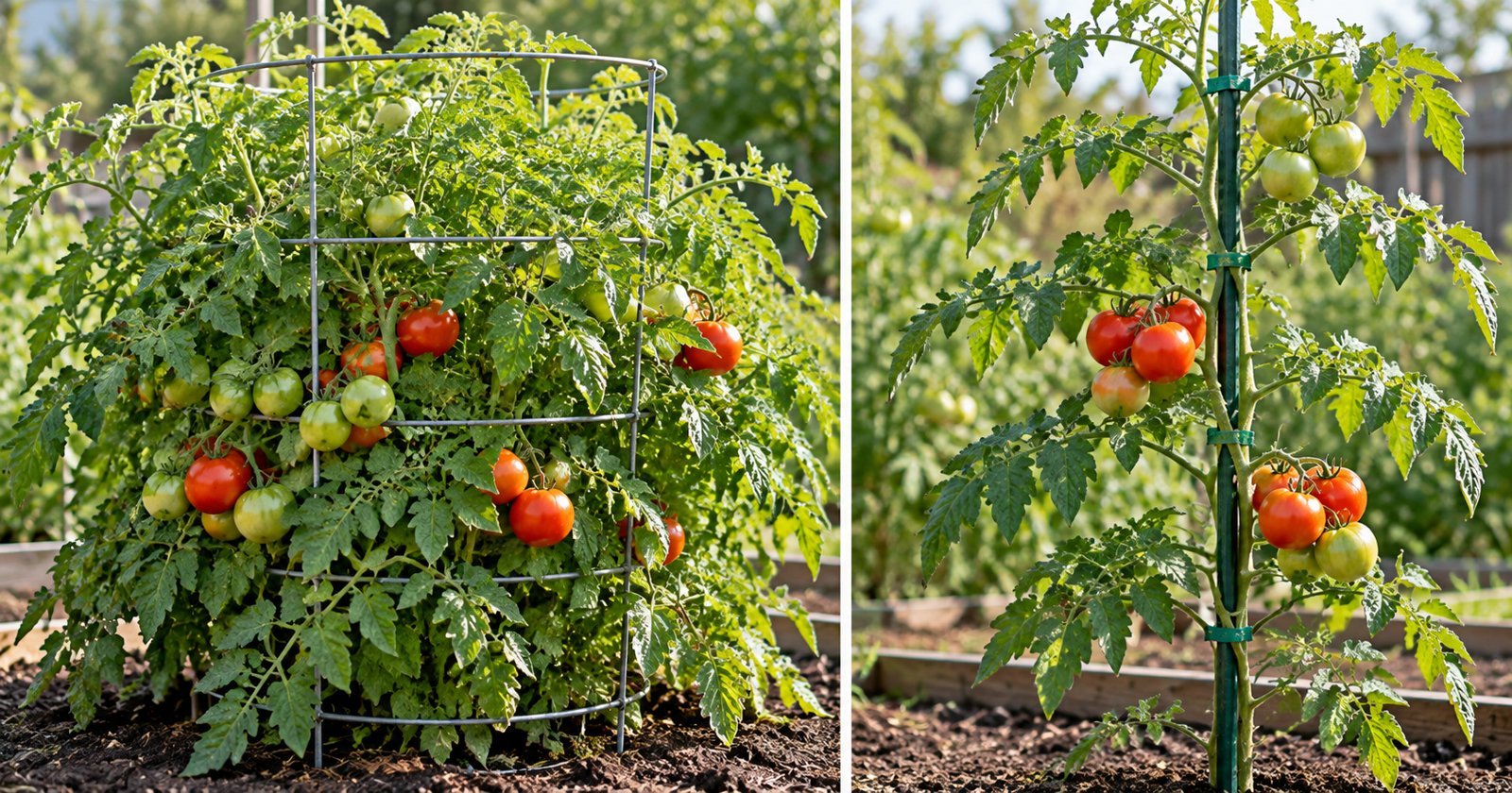 Side-by-side comparison of a bushy tomato plant in a cage and a pruned single-stem tomato plant supported by a stake.