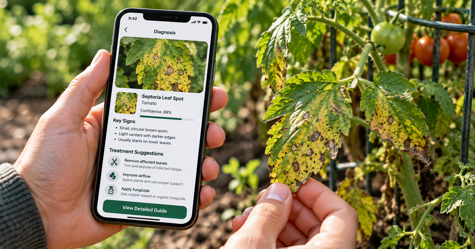 Person holding a smartphone diagnosis app beside a spotted tomato leaf to compare the app result with symptoms on the plant.