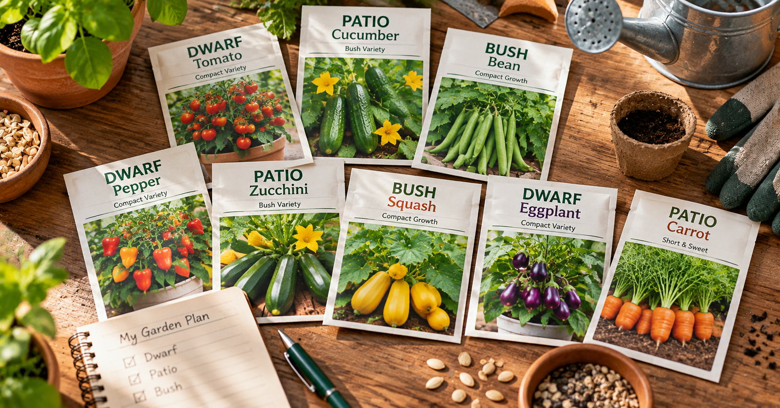 Seed packets for dwarf, patio, and bush vegetable varieties arranged on a garden table with planting supplies.