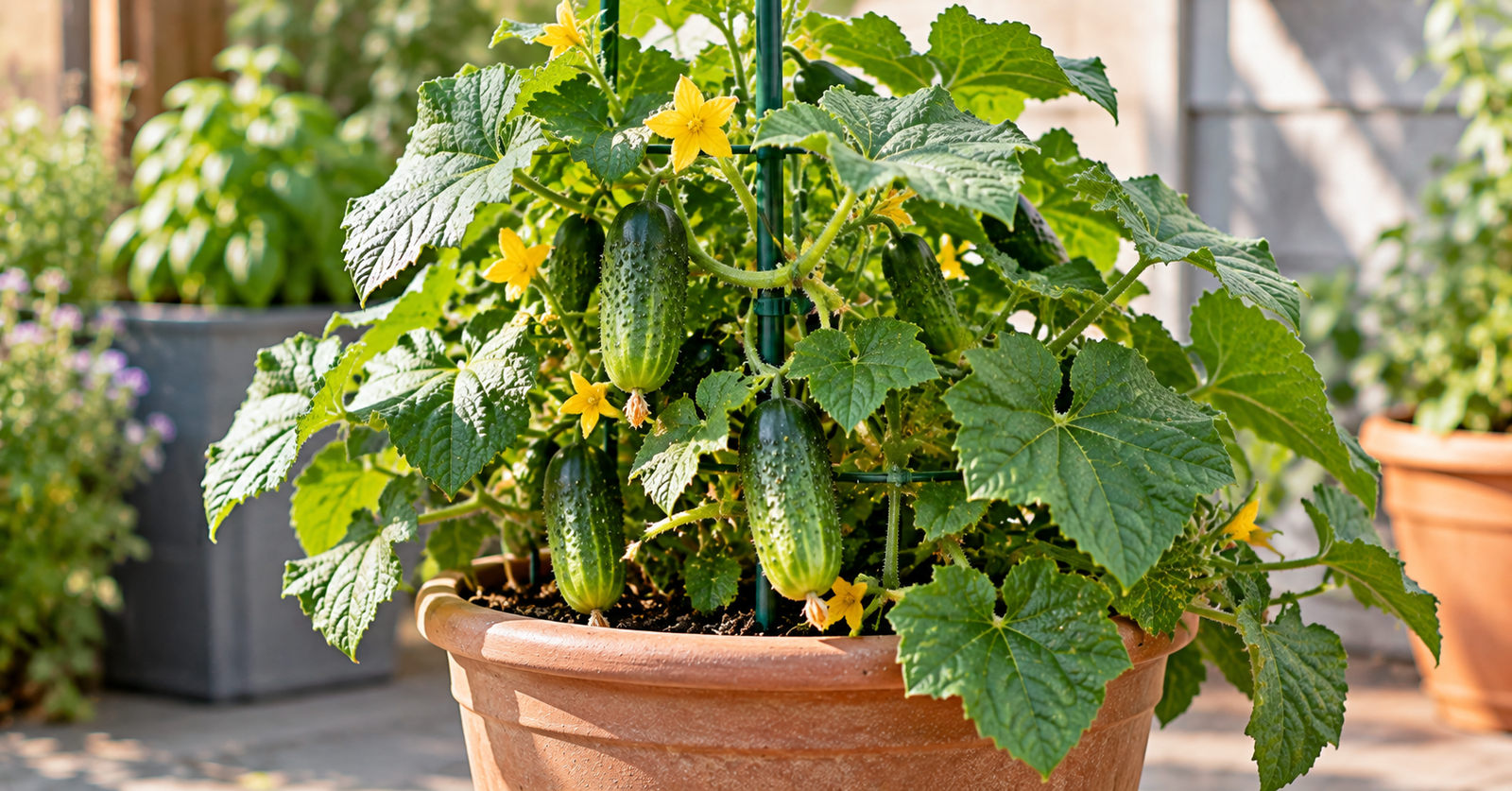 Compact bush cucumber plant growing in a container with a small support stake, yellow flowers, and cucumbers among dense leaves.