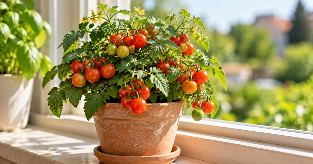 Compact dwarf tomato plant loaded with cherry tomatoes growing in a small terracotta pot on a sunny windowsill.