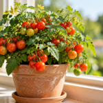 Compact dwarf tomato plant loaded with cherry tomatoes growing in a small terracotta pot on a sunny windowsill.