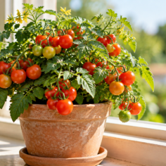 Compact dwarf tomato plant loaded with cherry tomatoes growing in a small terracotta pot on a sunny windowsill.