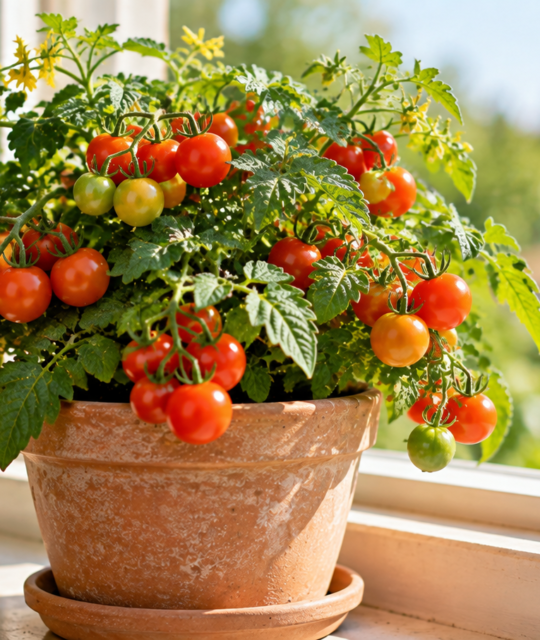 Compact dwarf tomato plant loaded with cherry tomatoes growing in a small terracotta pot on a sunny windowsill.