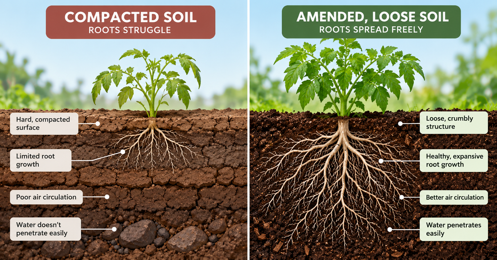 Diagram comparing tomato root growth in compacted soil versus loose, amended soil