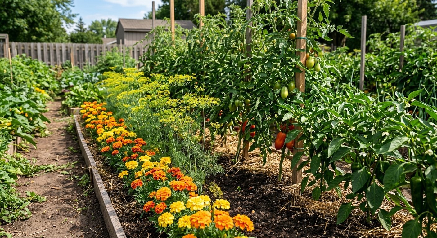 Rows of bright orange marigolds and yellow dill flowering alongside green tomato plants.