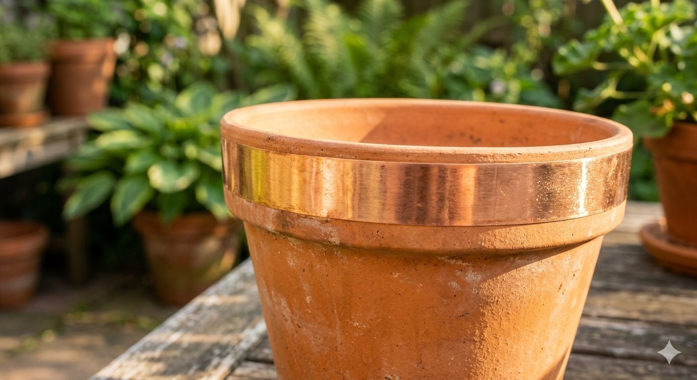 Copper tape wrapped around the rim of a terracotta plant pot