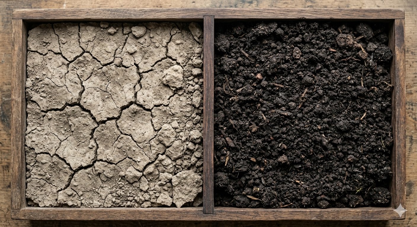 Side-by-side comparison of cracked compacted soil and dark crumbly soil