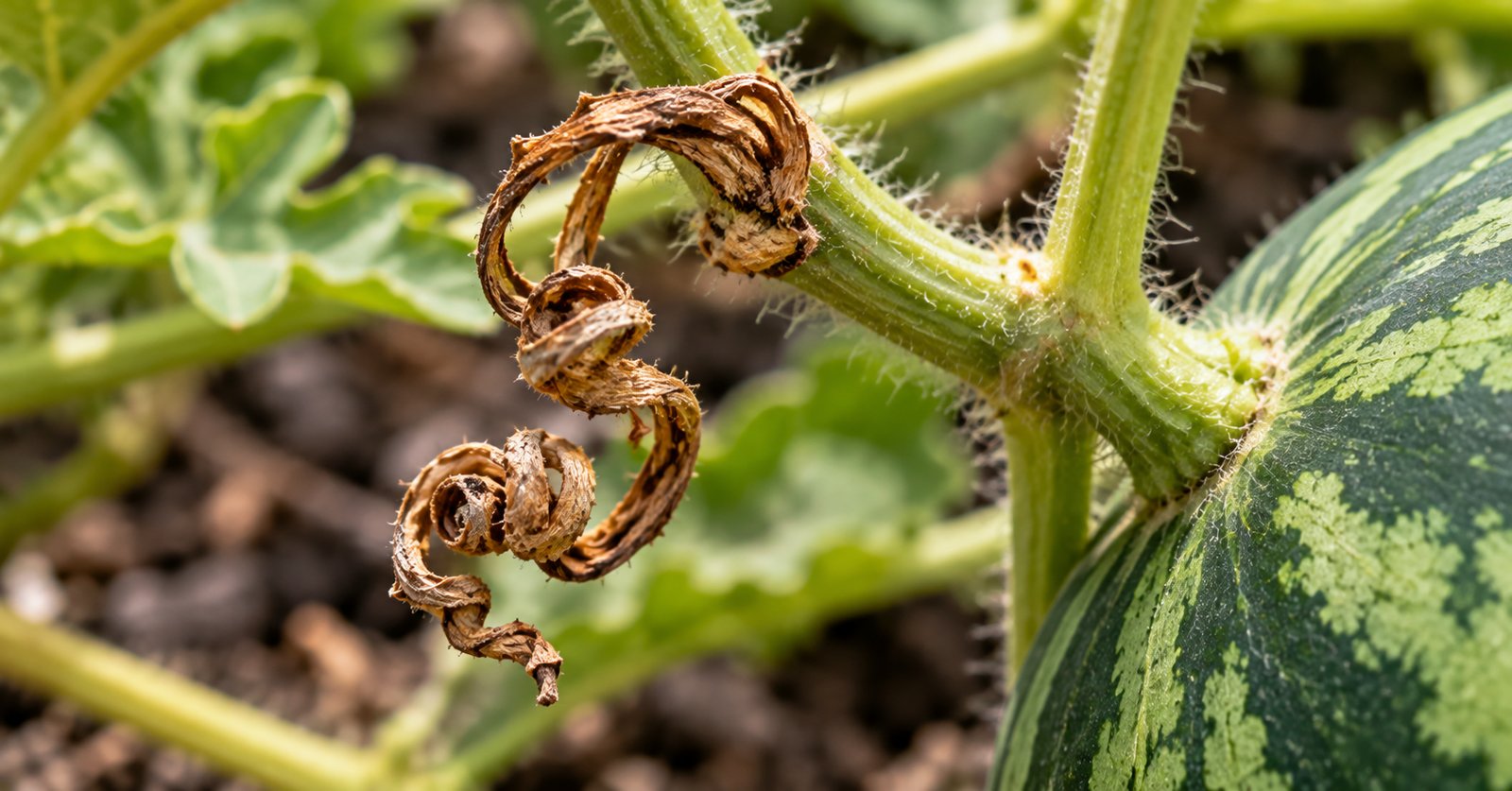 Close-up of a dry, brown curled tendril next to a watermelon stem on the vine.