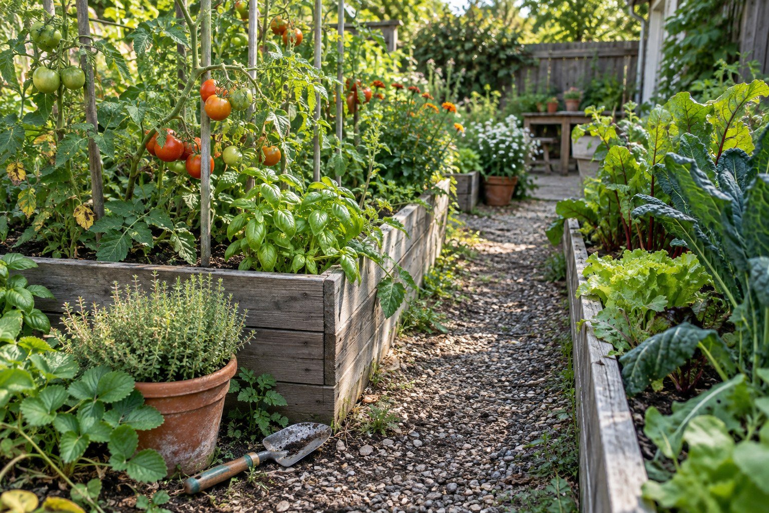 Tomatoes, leafy vegetables and potted herbs growing in weathered raised garden beds