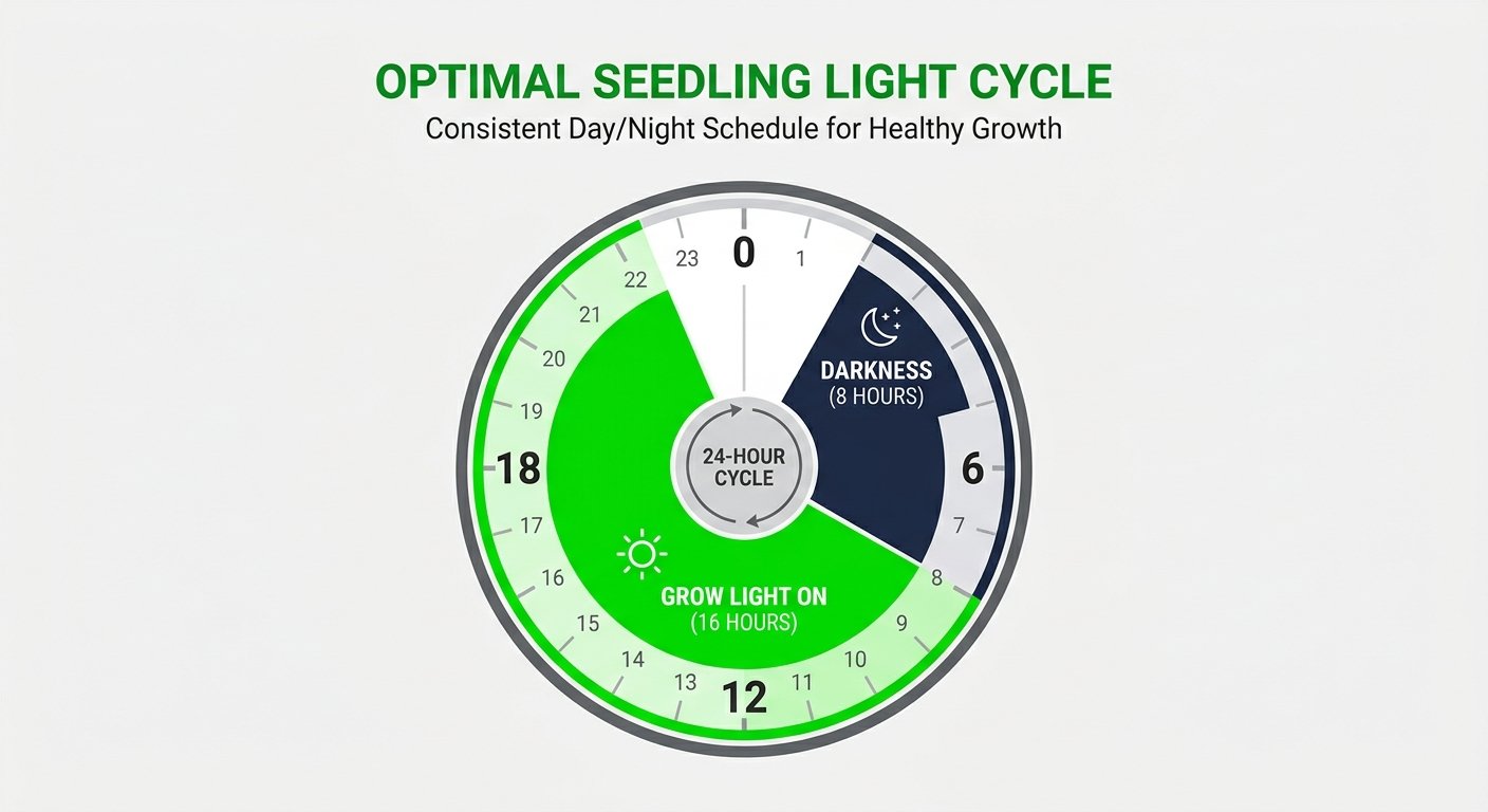 Diagram showing a daily seedling grow-light schedule of 16 hours of light and 8 hours of darkness.