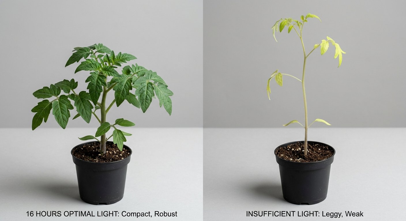 Side-by-side comparison of a compact healthy seedling and a tall leggy seedling.