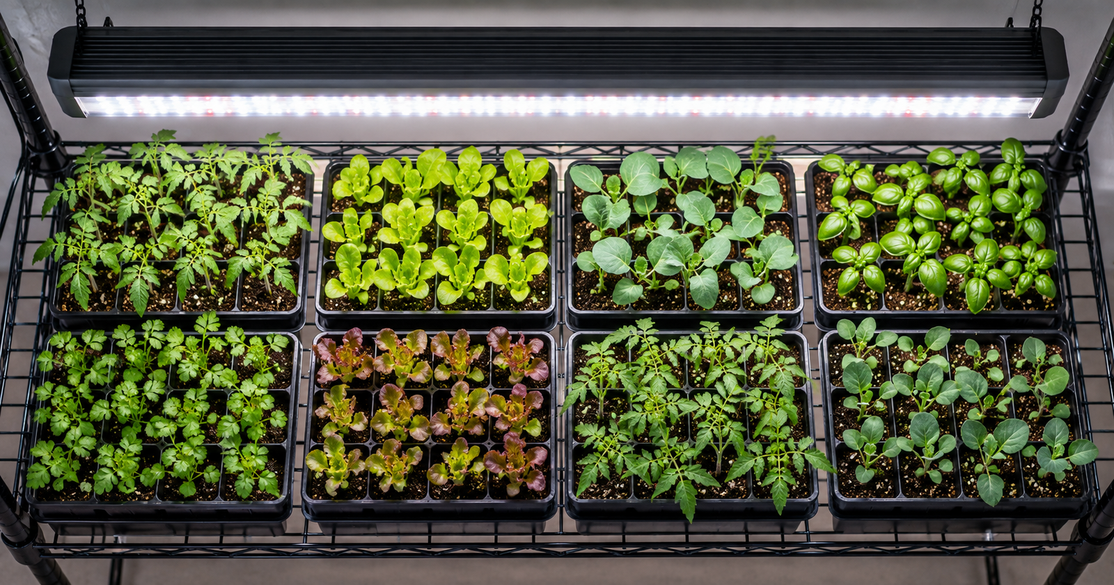 Overhead view of seedling trays beneath a long LED grow light.
