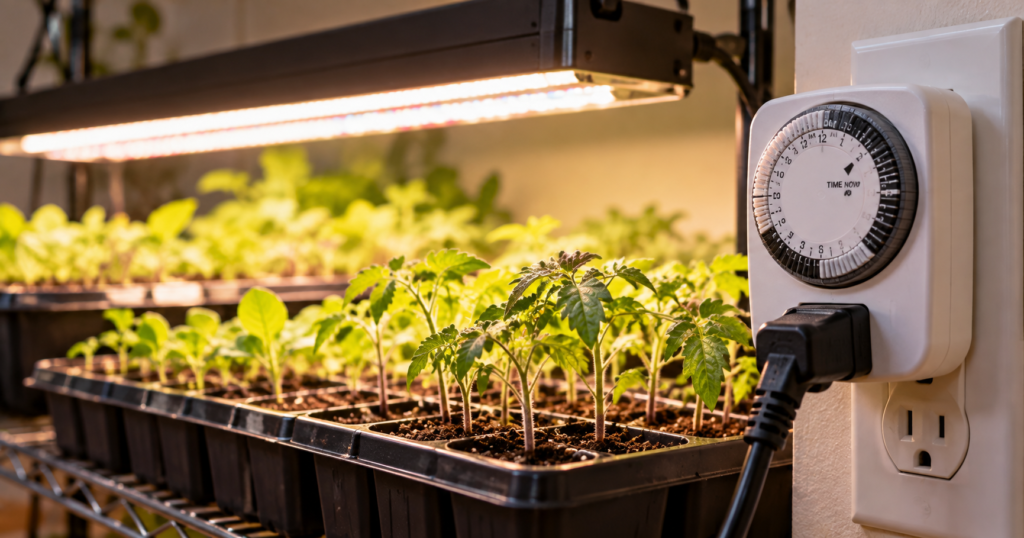 Seedling trays under an LED grow light connected to a plug-in outlet timer.