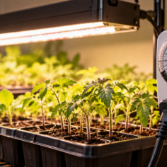 Seedling trays under an LED grow light connected to a plug-in outlet timer.