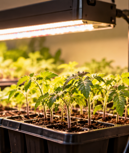 Seedling trays under an LED grow light connected to a plug-in outlet timer.
