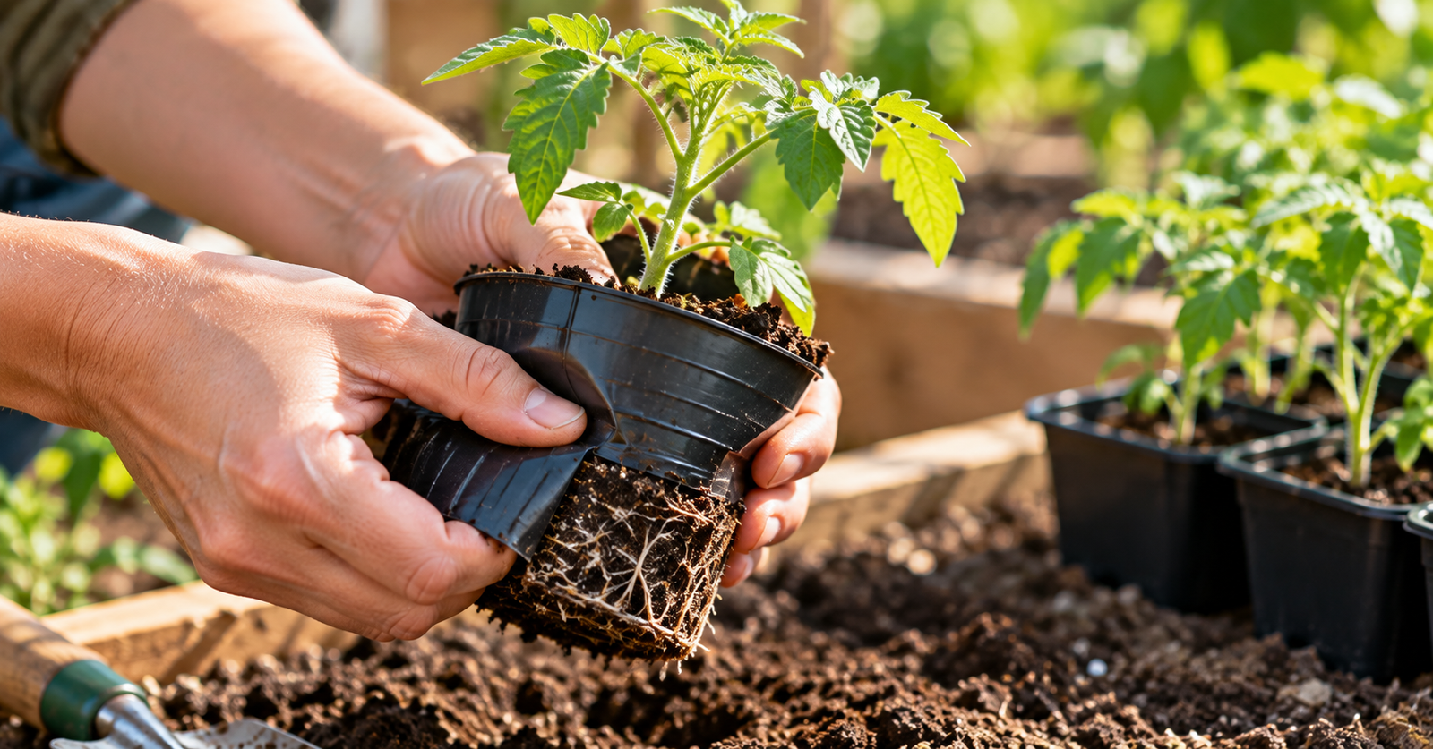 Hands gently squeezing a plastic nursery pot to loosen a tomato seedling and its root ball before transplanting.
