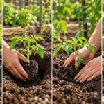 Four-step sequence showing a seedling removed from its tray, placed in a hole, backfilled with soil, and thoroughly watered.
