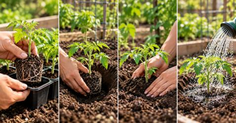 Four-step sequence showing a seedling removed from its tray, placed in a hole, backfilled with soil, and thoroughly watered.