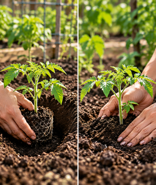 Four-step sequence showing a seedling removed from its tray, placed in a hole, backfilled with soil, and thoroughly watered.