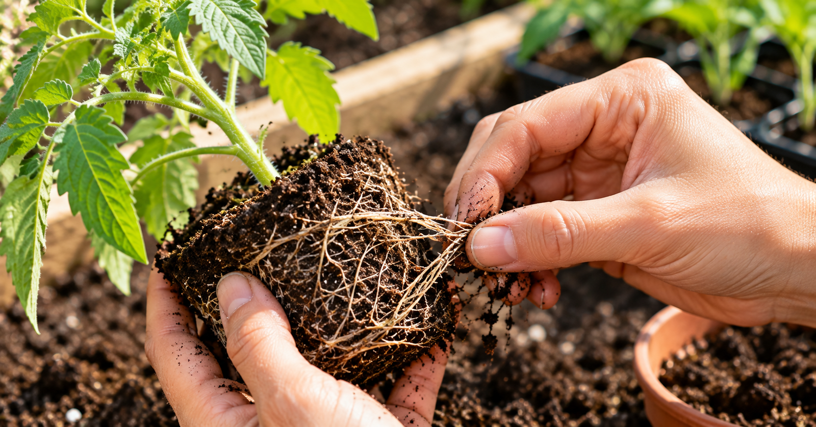 Fingers gently teasing apart circling roots on a seedling root ball before planting it in the garden.
