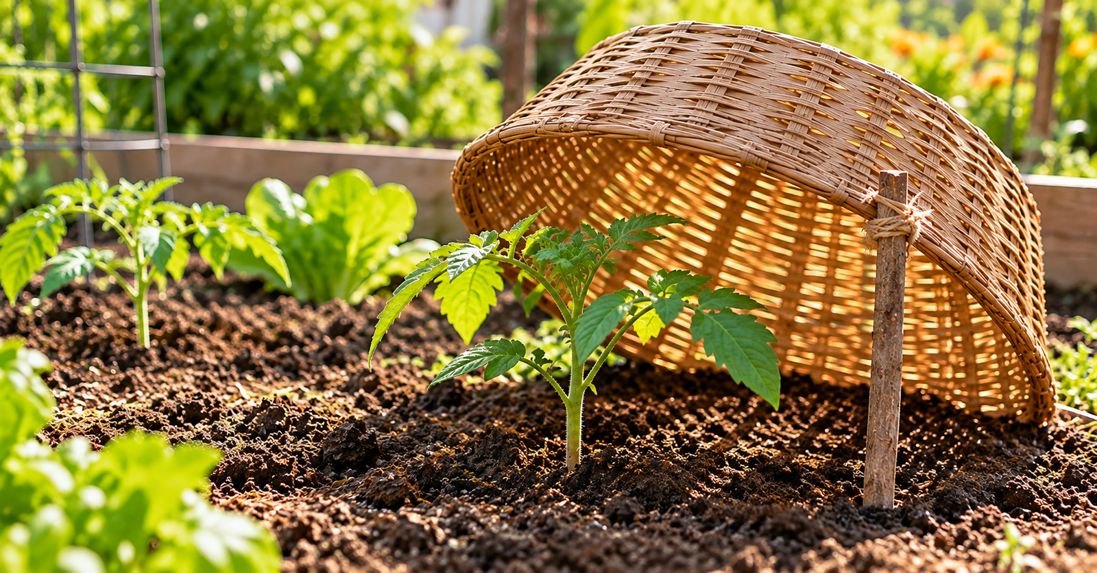 Newly transplanted tomato seedling protected by a propped-up wicker basket providing shade in a sunny garden bed.